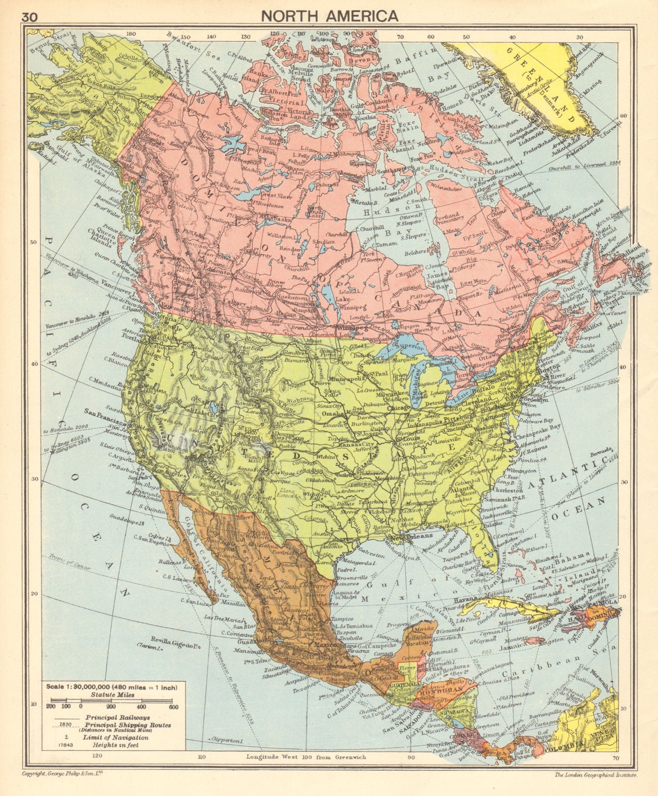 North America in 1942. Second World War. US Canada Mexico 1942 old vintage map